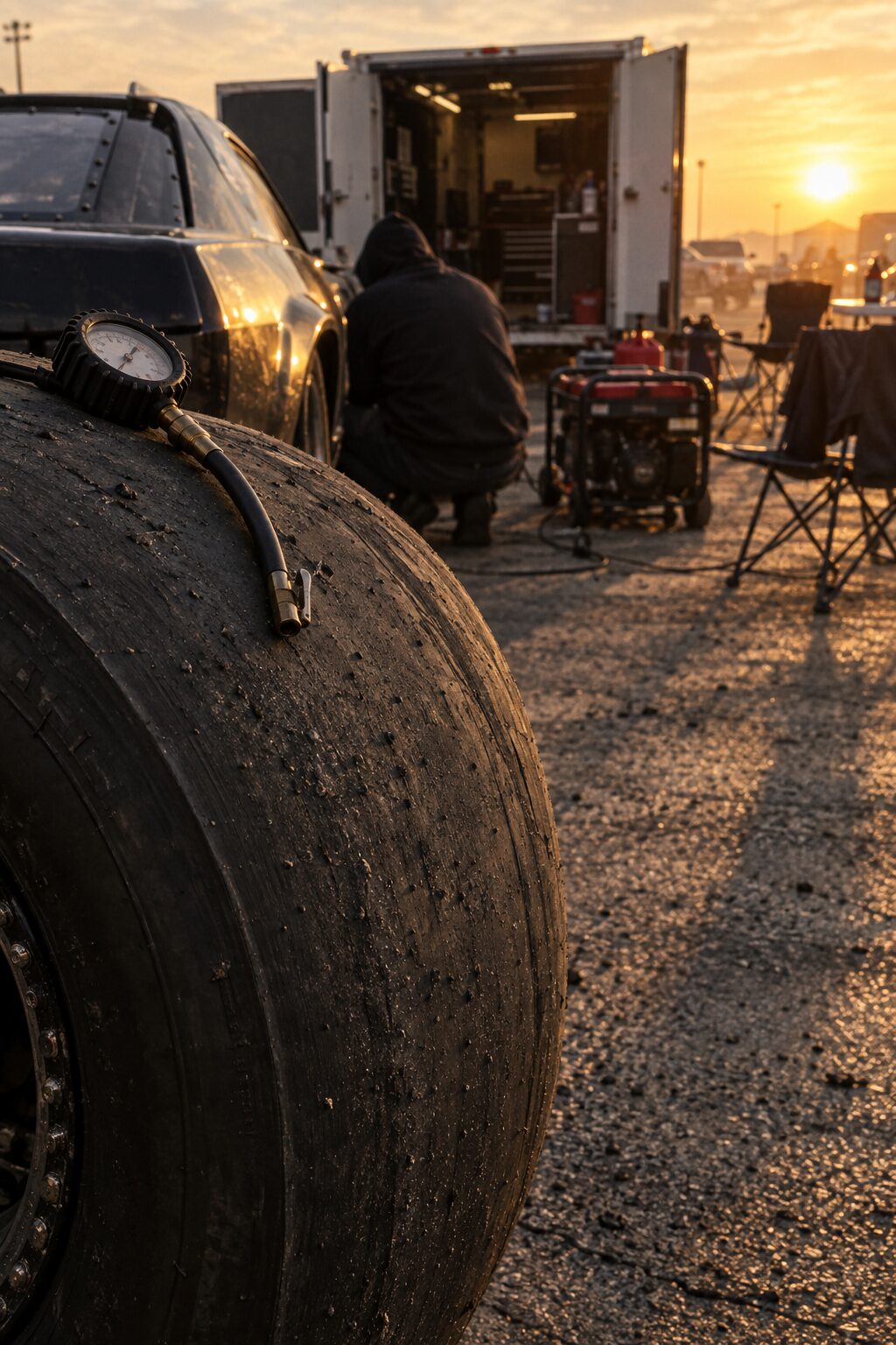Wrinkled drag slick with a tire gauge resting on it in a golden-hour pit area