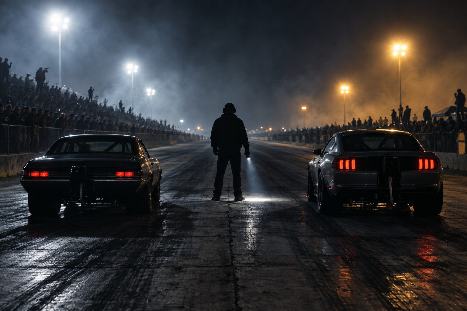 Two cars staged on a no-prep strip at night, starter silhouetted with a flashlight between the lanes