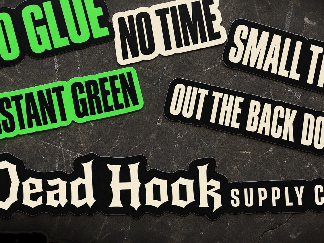 Six-piece Dead Hook vinyl sticker pack fanned out